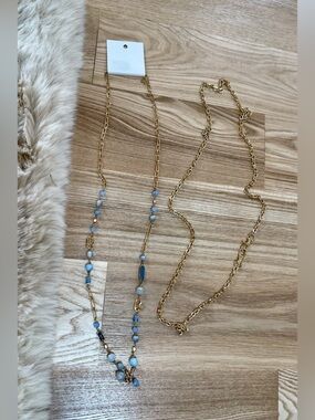 2- Gold and Blue Beaded Layered Chain Necklaces - Women Jewelry